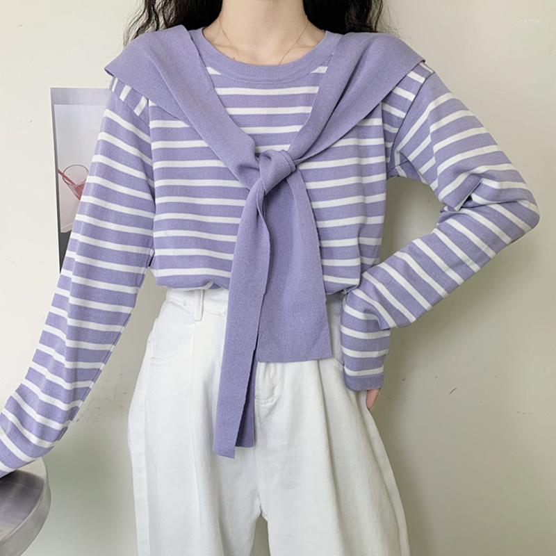 

Women's Sweaters Striped Shawl Sweater Women's Spring Autumn Bottoming Shirt 2022 Design Fake Two Long Sleeved Clothes Rac, Black