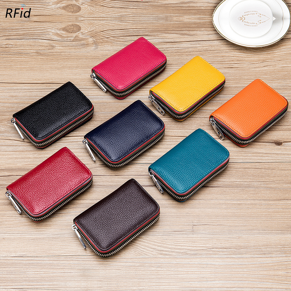 

100pcs Card Holder Women Genuine Leather Candy Color Grid Multifunctional Foldable Short Wallet, Light blue