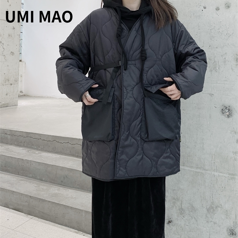 

Womens Down Parkas UMI MAO Yamamotos Dark Niche Design Dark Vneck Button Padded Jacket Midlength Large Pocket Thin Loose Padded Coat Women Y2K 221010, Black