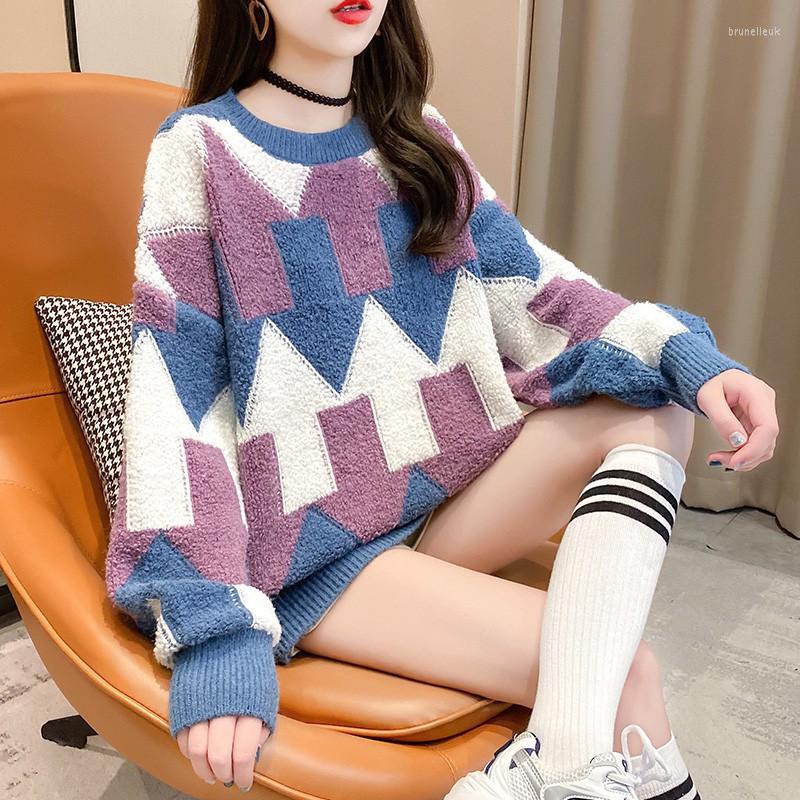 

Women's Sweaters Hong Kong Style Geometric Sweater Women Winter 2022 Loose Jacket Lazy Thick Warmth Fashion Knitted Pullover Top, Purple