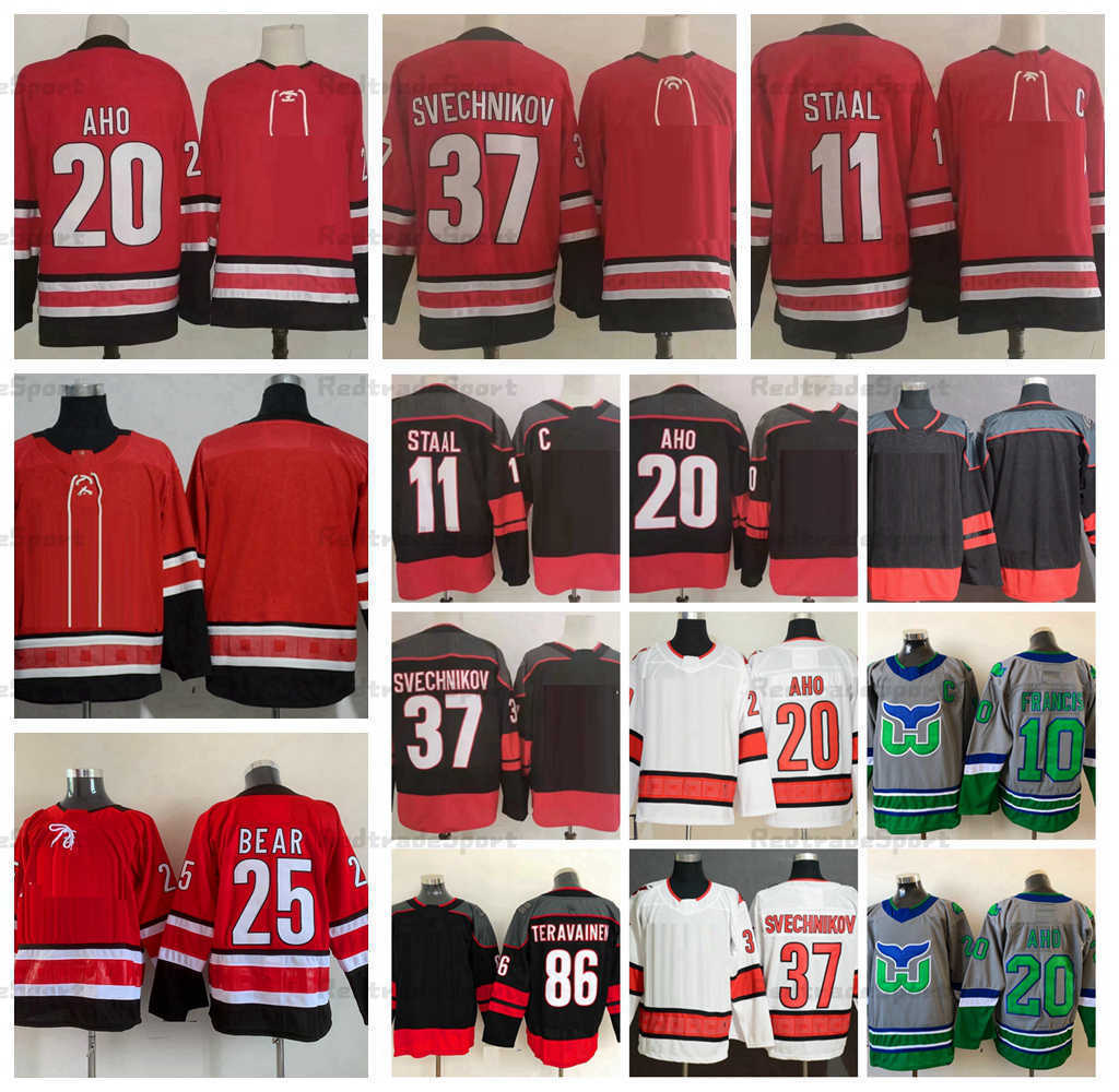 

Jersey 2021 Reverse Retro 20 Sebastian Aho 11 J Staal Hockey''Nhl''Jerseys Mens 37 Andrei Svechnikov 86 Teuvo Teravainen 10 Ron Francis 25 Ethan Bear, Red11