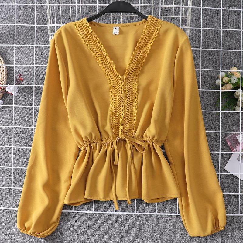 

Women's Blouses 2022 Women Summer V-neck Lantern Sleeve Ruffles Basic Shirt Casual Short Lace Up Bandage Pullover Slim Strap Chiffon Blouse, Women blouses shirt