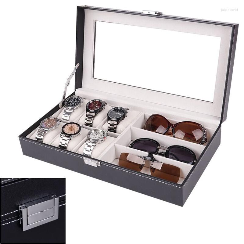 

Watch Boxes 6 3 Watches Glasses Storage Box PU Leather Jewelry Collection Organizer Case Wristwatches Holder Dislpay Gifts