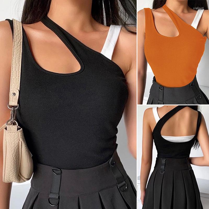 

Women' Tanks ASDS-Women' Fashion Sexy Hit Color Oblique Shoulder Hollow Vest, Black