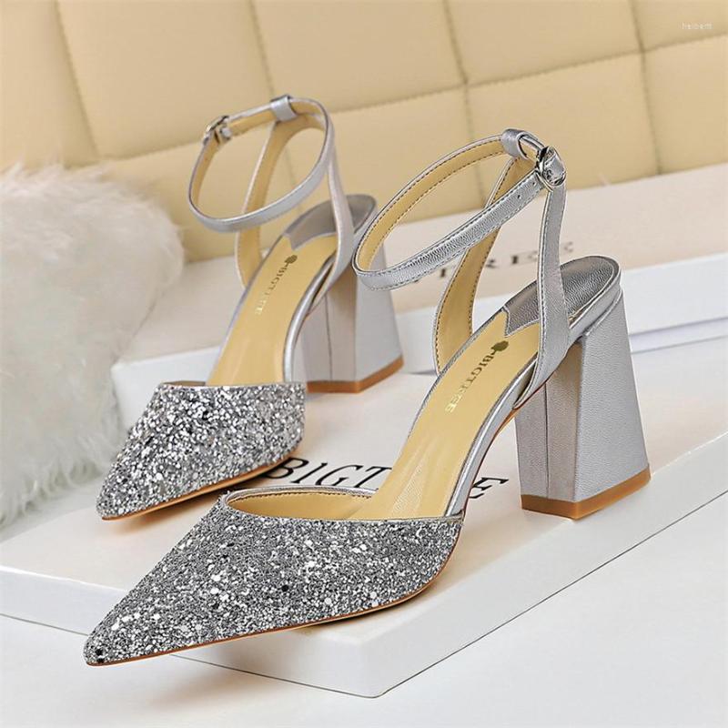 

Sandals Bling Pointed Toe Women Ankle Buckle 2022 Summer Fashion Sequined Cloth Thick Heels Shoes Woman Hollow Dress Pumps Party, Black