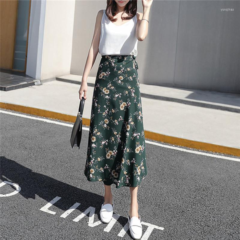 

Skirts Summer Women Stretch High Waist Floral Long Skirt Maxi Pleated Beach Casual Boho Polyester Floor-length