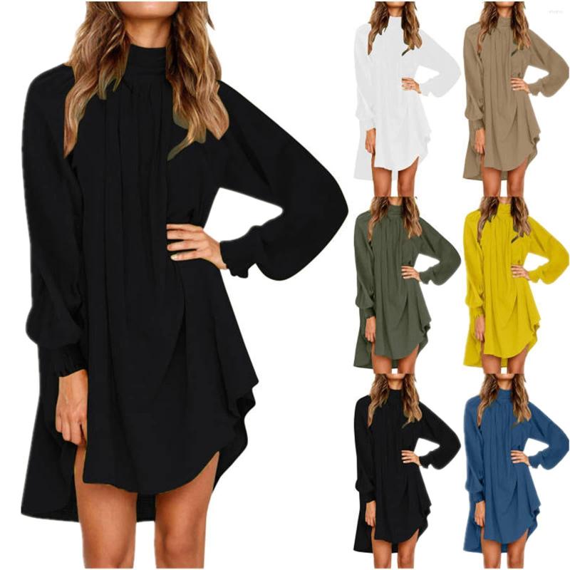 

Casual Dresses 2022 Women Fashion Linen Round Neck Pleated Leak Back Solid Color Long Sleeved Women' Dress, Black