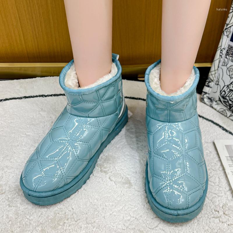 

Boots Patent Leather Thick Plush Snow Woman Winter 2022 Slip On Warm Ankle Women Non Platform Cotton Padded Shoes, Blue