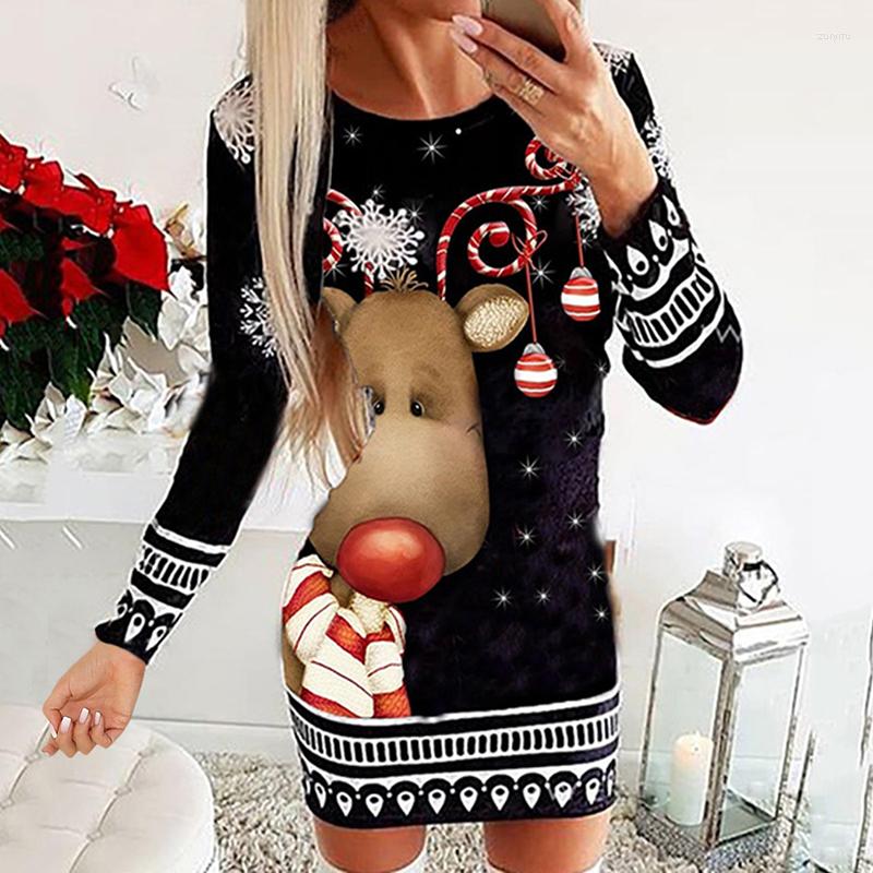 

Casual Dresses Vintage Christmas Women Cute Sweater Dress Autumn Long Sleeve Santa Claus Print O Neck Slim Mini Elegant Ladies Vestidos, 01 print