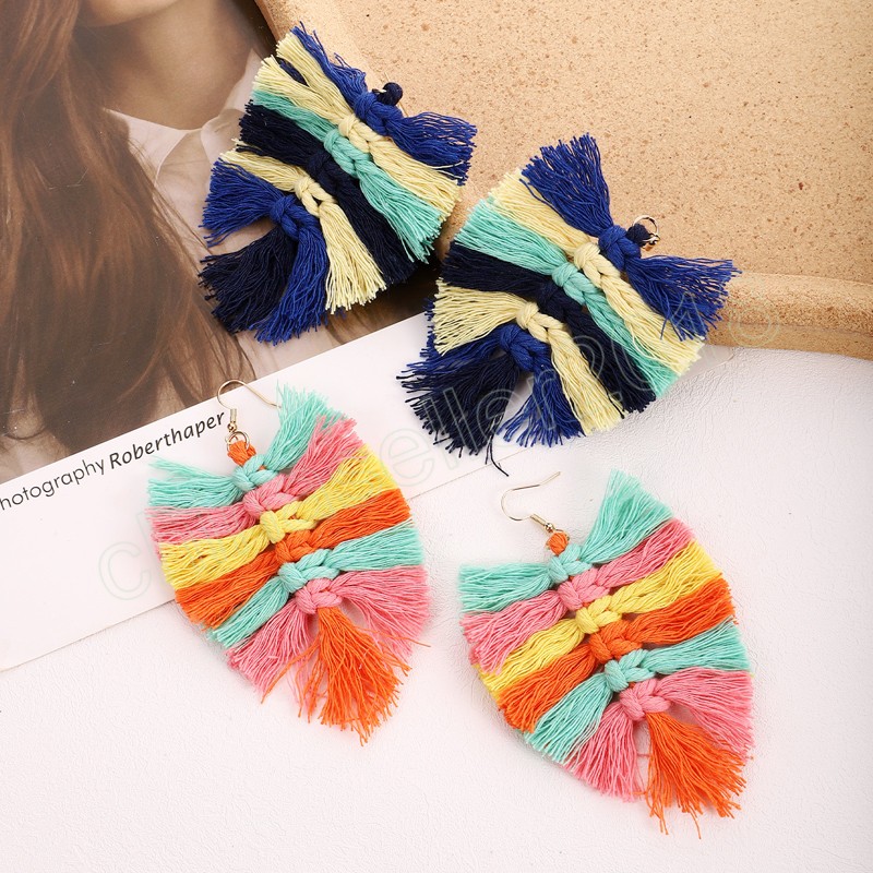 

Boho Handmade Rainbow Tassel Dangle Earrings For Women Design Long Fringe Leaf Drop Earrings Holiday Jewelry