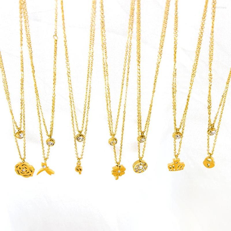 

Pendant Necklaces 2022 Cubic Zirconia Double Necklace For Women's Gold Color Plated Choker Dorado Acero Fashion Laered