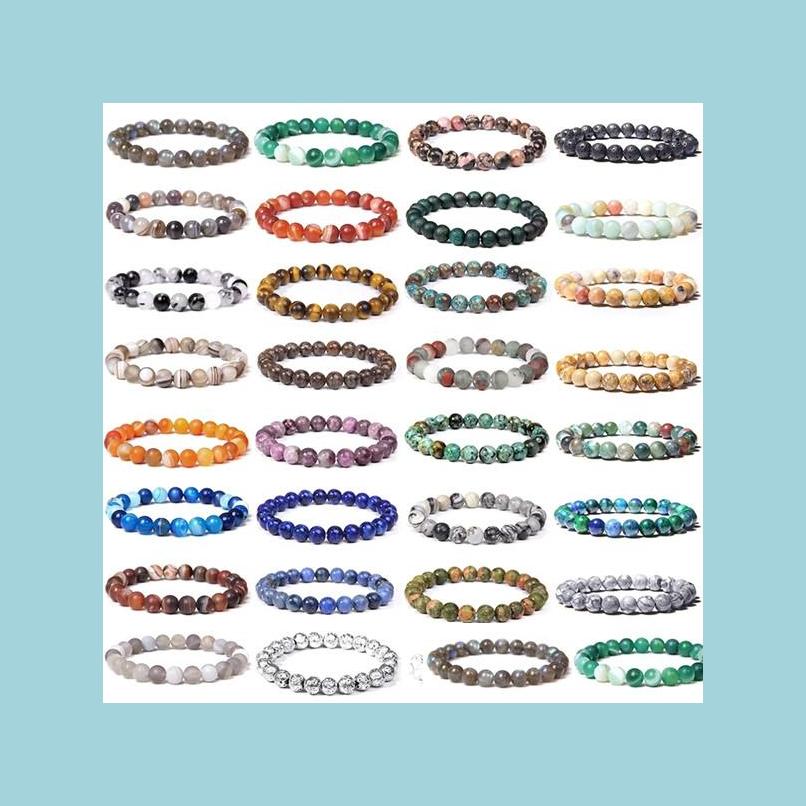 

Beaded Strands Beaded Strands Bracelet 8Mm Natural Stone Beads Bangle Mens Gorgeous Semi-Precious Black Onyx Lava Tiger Eye Healing Dhjbn