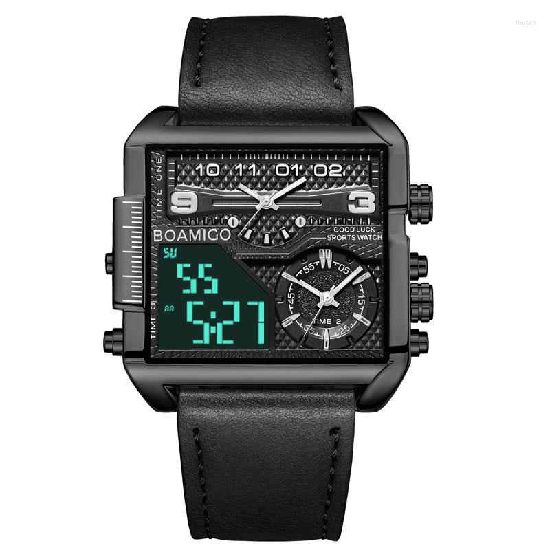 

Wristwatches BOAMIGO 2022 Top Men Watches Sport Square 3 Time Zone Large Big Quartz Leather Male Watch For Waterproof, Black pi