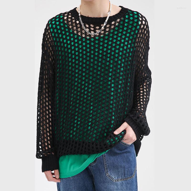 

Men's Sweaters Men Women Long Sleeve Pullover Sweater Tee Shirt Male Korean Streetwear Fashion Hip Hop Hollow Loose Knitted T-shirt, Black