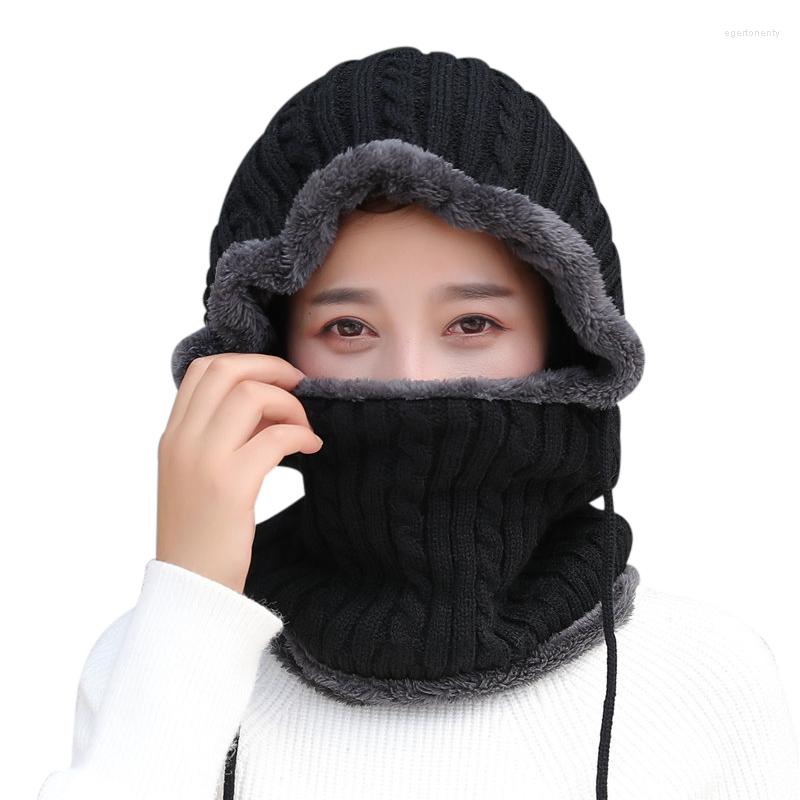 

Berets Unisex Winter Knitted Hat Neck Protection Beanie Cap Add Fur Lined Warm Hats For Men Women Balaclava Windproof, Black