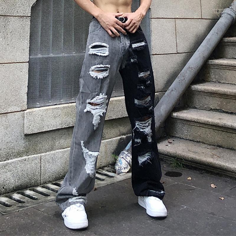 

Men's Jeans Men's High Street Hole Color Block Streetwear Mens Pants Straight Vibe Style Harajuku Retro Ripped Oversize Baggy Denim, Black