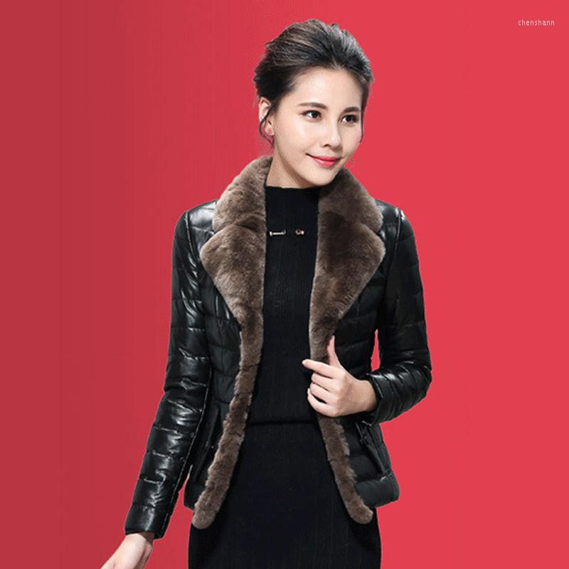

Women' Fur Imitation Rex PU Leather Down Cotton Clothes Women' Short Slim Coat Winter Korean Version, Black