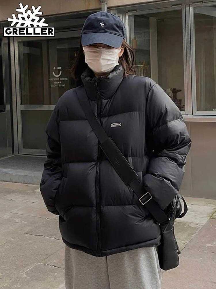 

Women' Down Parkas GRELLER Korean Style Women Winter Puffer Jacket Loose Oversized Solid Stand Collar Female Cotton Padded Warm Coat Parkas Clothes T221011, Black