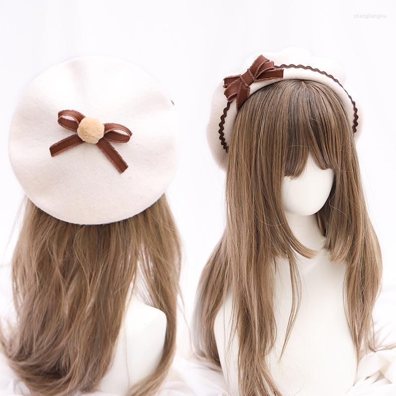 

Berets Lolita Hand Made Manually Bowknot Beret Japanese Lady Multicolor Joker Wavy Grain Buds Cap Baked Wheat Cake CapBerets, Black