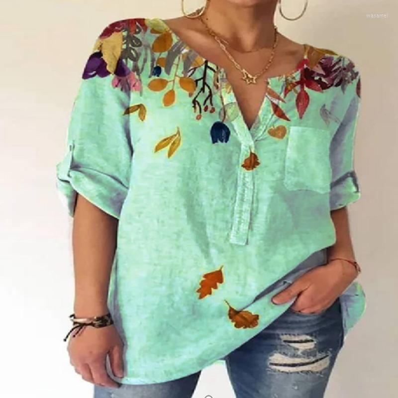 

Women's Blouses Vintage Spring Autumn Floral Print Blouse Shirt Women Sexy V Neck Tops Pullover Female Casual Adjusted Long Sleeve Shirts, 04