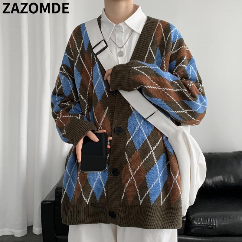 

Men's Sweaters ZAZOMDE Vintage Sweater Coat 2022 Winter Plaid V-Neck Cardigan Men Couples Loose Oversized Knitted Hip Hop, Beige