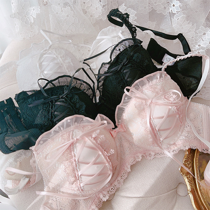 

Bras Sets Lolita Girls Lace Padded Bra Women Underwear Intimates Bralette Lingerie Japanese Ruffled Sweet Sexy Thin Cup Panties 221010, Black