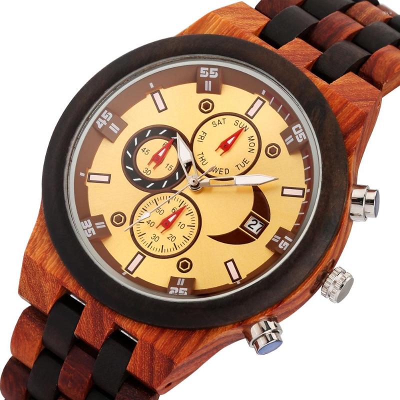 

Wristwatches Wood Watch Men's Chronograph Auto Date Display Wooden Clock Mixed Adjustable Full Band Quartz Casual Watches Men, Blue dial