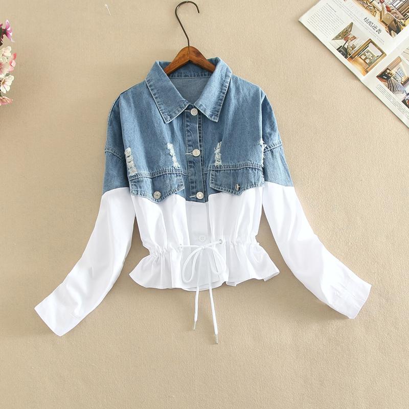 

Women' Jackets Autumn Ripped Hole Denim Patchwork Shirt Single Breasted High Waist Short Jacket Drawstring Ruched Ruffle Cotton Crop-Tops, Black