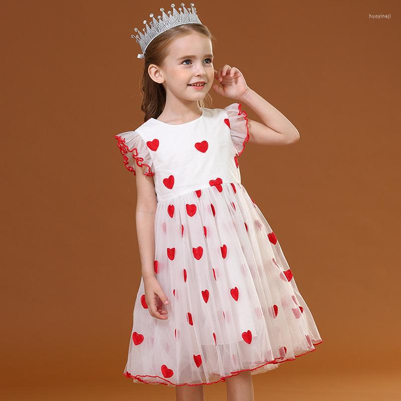

Girl Dresses Summer Dress For Girls 3 To 12 Years Children Flying Sleeve Love Heart Embroidery Mesh Princess Birtyday Party 2022, White