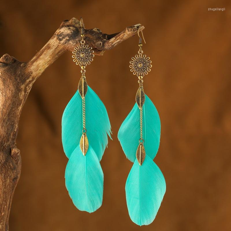

Dangle Earrings Sun Blue Feather Long For Women Pendientes Summer Boho Bohemian Ethnic Vintage Tassel Drop Jewelry