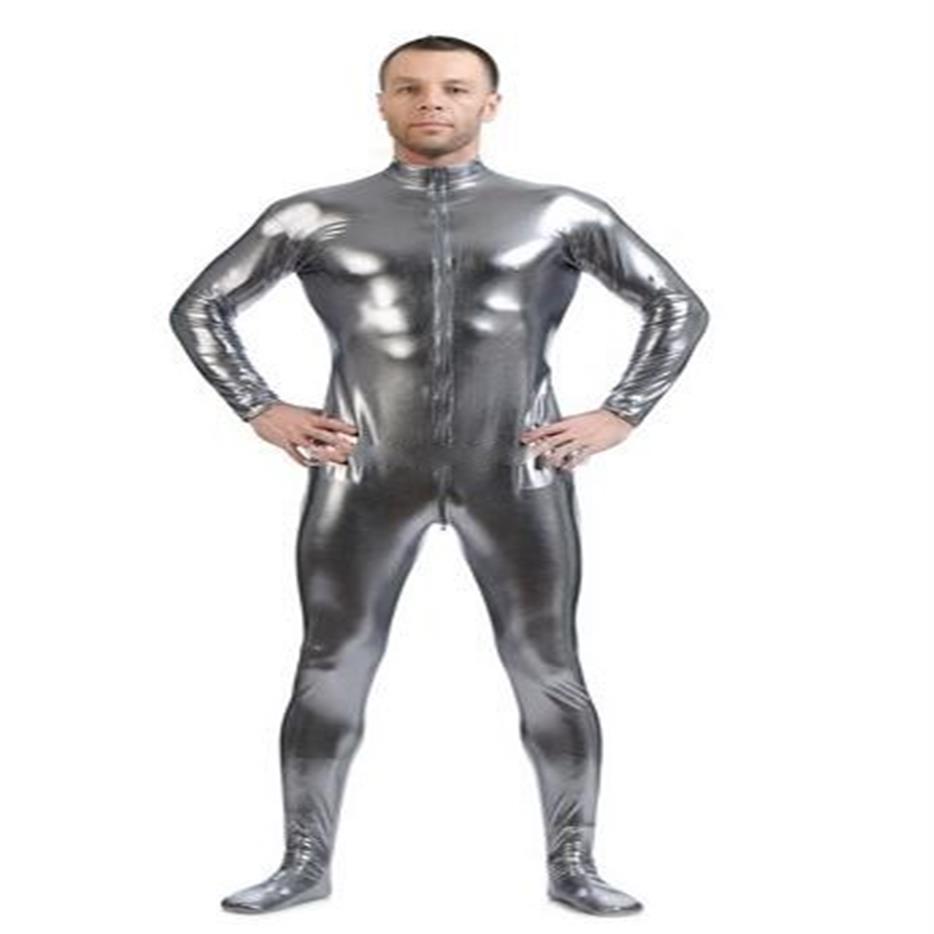 

Metallic Silver gray gold Men's Skin-Tight Dancewear Shiny Metallic Unitard Zentai Suit Front Zip unisex 260D, Light blue