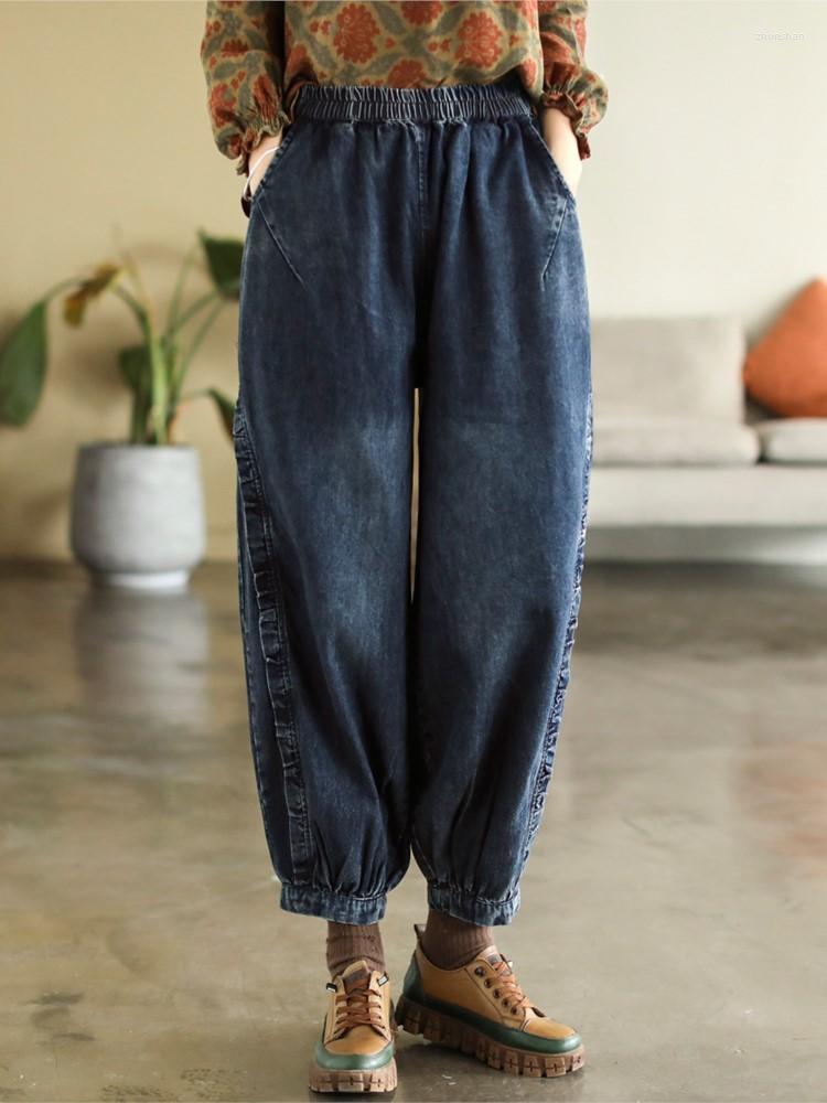 

Women's Jeans Women 2022 Autumn Retro Casual Loose Washed Denim Pants Ladies Elastic Waist Pocket Simple All-match Harem Trousers Mujer, Black