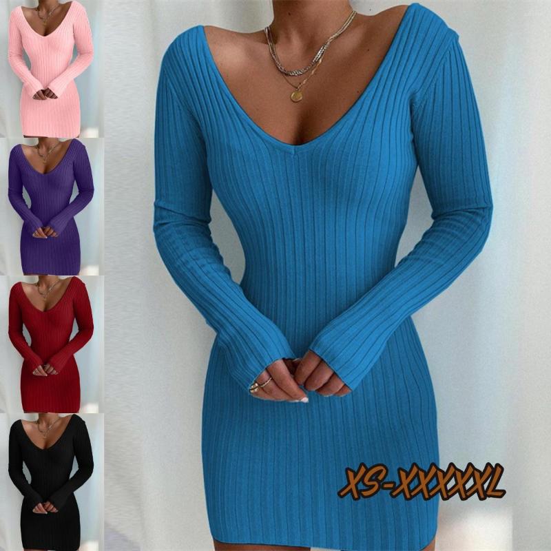 

Casual Dresses Autumn And Winter Women Fashion Above Knee Knitted Sweater Dress Deep V-Neck Long Sleeve Slim Solid Color, Red