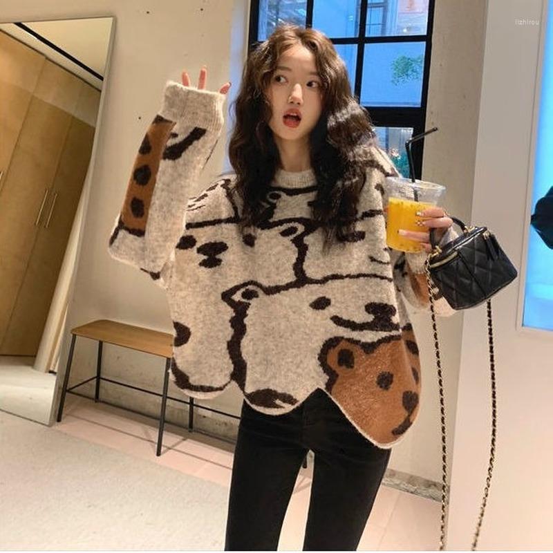

Women' Sweaters 2022 Spring Cartoon Bear Jacquard Women Sweater O-Neck Kawaii Fashion Pullover Loose Jumper Long Sleeve Knitwear Female J75