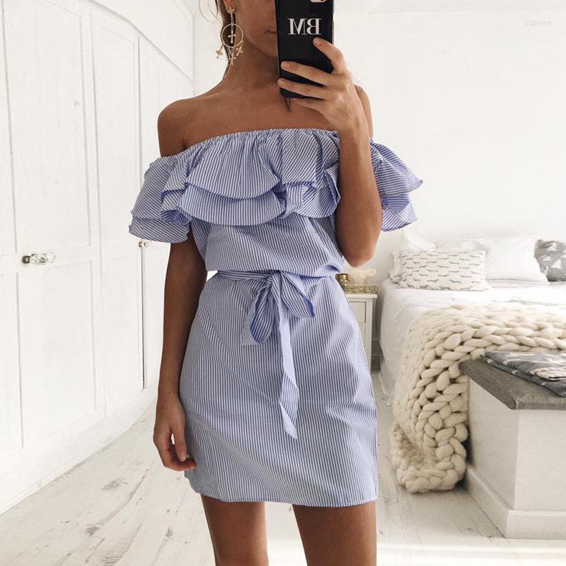

Casual Dresses Summer Ladies Pleated Dress Fashion Female Striped Slash Neck Mini With Sashes Women Party Vestidos Cute, Blue