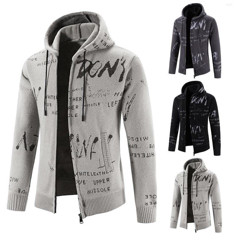 

Men's Sweaters Mens Autumn And Winter Printing Hooded Collar Zipper Warm Cardigan Knitted Coat, Black