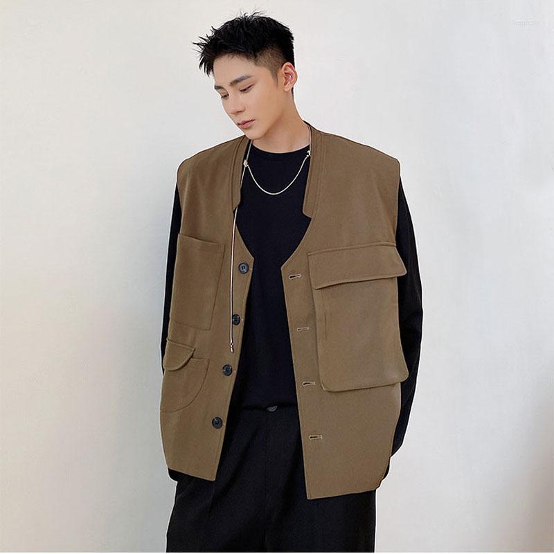 

Men's Vests INS Celebrities Men's Vest Korean Streetwear Vintage Fashion Loose Causal Sleeveless Cargo Jacket Man Waistcoat, 5033 brown