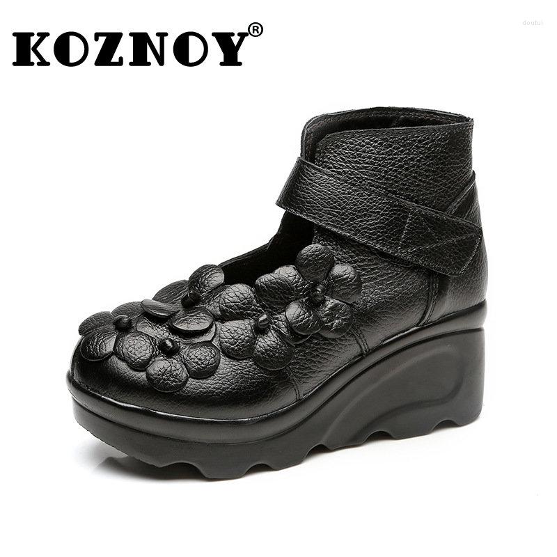 

Dress Shoes Koznoy 6.5cm Natural Genuine Leather Appliques Flower Pumps Summer Women Ankle Boots Fashion Females Moccasins Sandals, Black