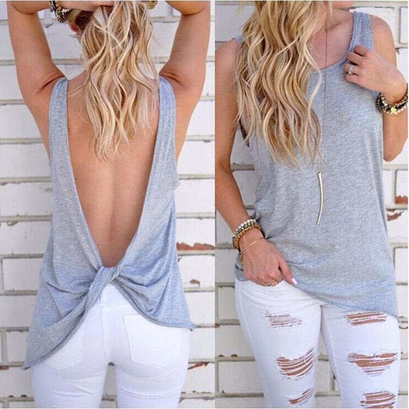 

Women' T Shirts Summer Sexy Solid Tee Shirt Women T-shirt Sleeveless Loose Style Female Backless Tees Tops O-Neck Femme, Light gray