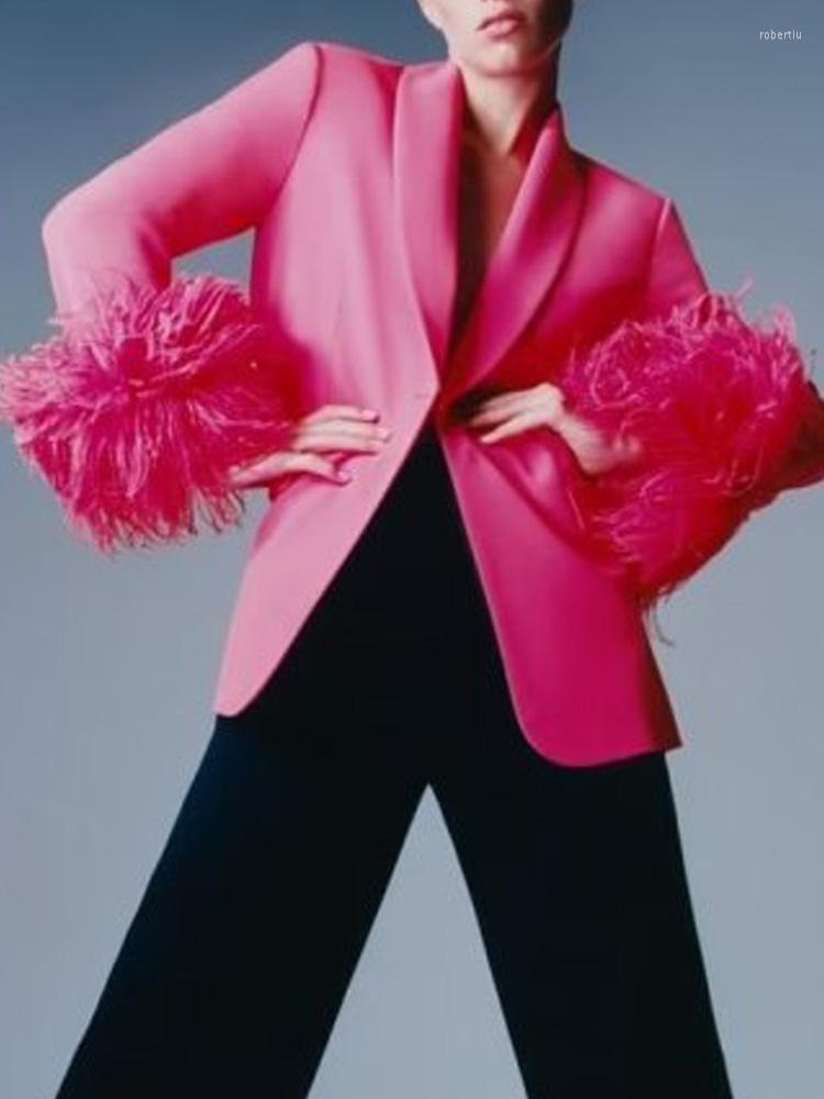 

Women's Suits Kumsvag 2022 Autumn Women Slim Blazers Coats Suit Casual Solid Feathers Single Button Female Elegant OL Blazer Outerwear