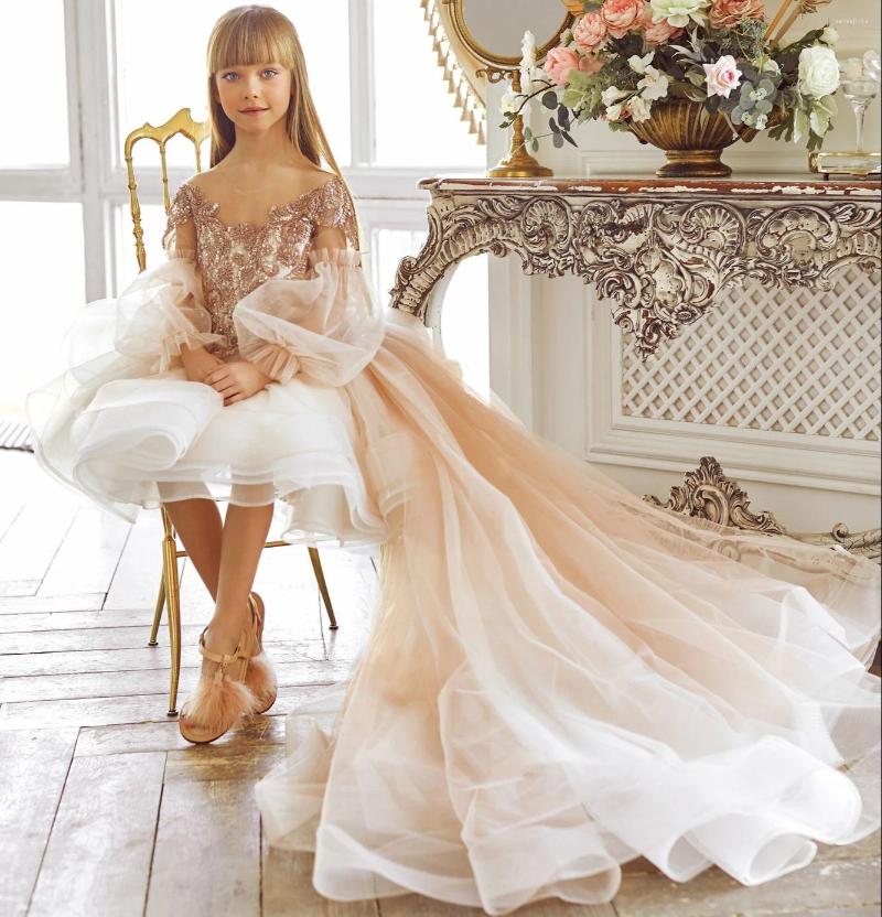 

Girl Dresses High Low Flower Lace Beads Sequins Baby Prom Party Birthday Wear Girls Pageant Gowns Kids Christmas Dress, Beige