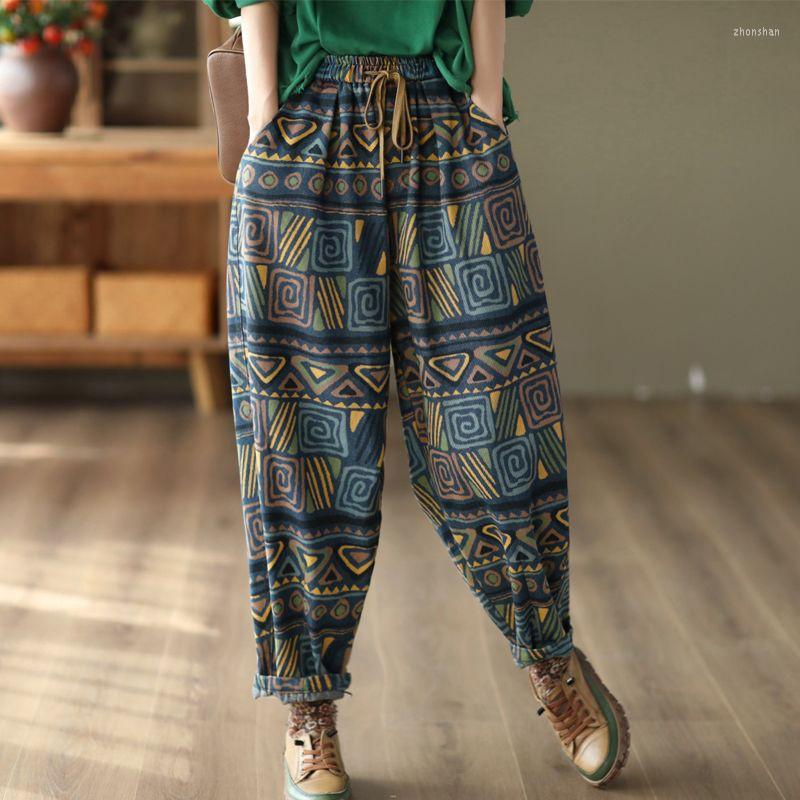 

Women's Jeans 2022 Autumn Arts Style Women Elastic Waist Vintage Print Cotton Denim Harem Pants All-matched Casual Loose C581, Picture color