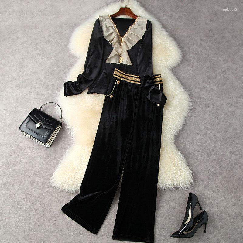 

Women' Two Piece Pants Autumn/winter 2022 Women' Velvet Flounces V-neck Class Top Black High Waist Wide Leg Trouser Suit