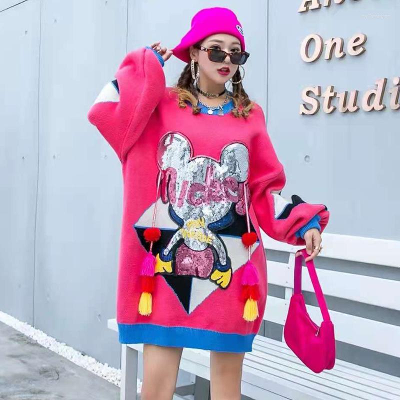 

Women's Sweaters Oversized Harajuku Womens Long Sleeve Jumper 2022 Winter Fashion Streetwear Knitwear Cartoon Sequins O Neck Pullover, Defective