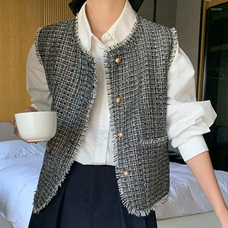 

Women's Vests Vintage Small Fragrance O-neck Vest Coat Winter Clothes Women Harajuku Single Breasted Button Loose Sleeveless Plaid Thin Top, Black
