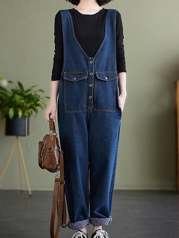 

Women's Jeans Vintage Denim Overalls High Waist Pants Autumn Loose Casual All match Single breasted Trousers 221011, Blue