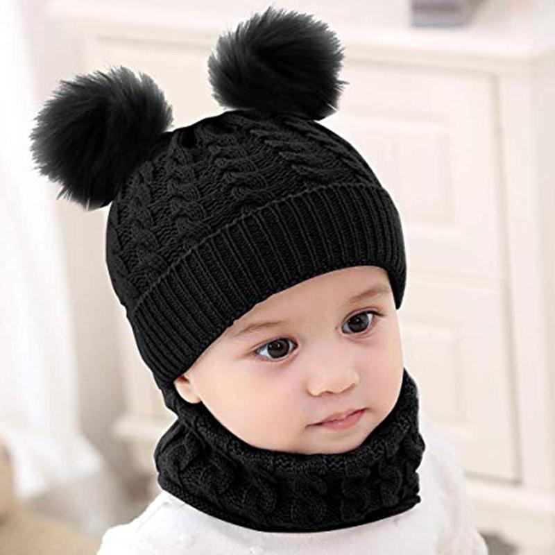 

Hats Kids Winter Ears Girls Boys Children Warm Caps Baby Double-Pompom Braid Knitted Hat Beanie Neck Scarf Set, White