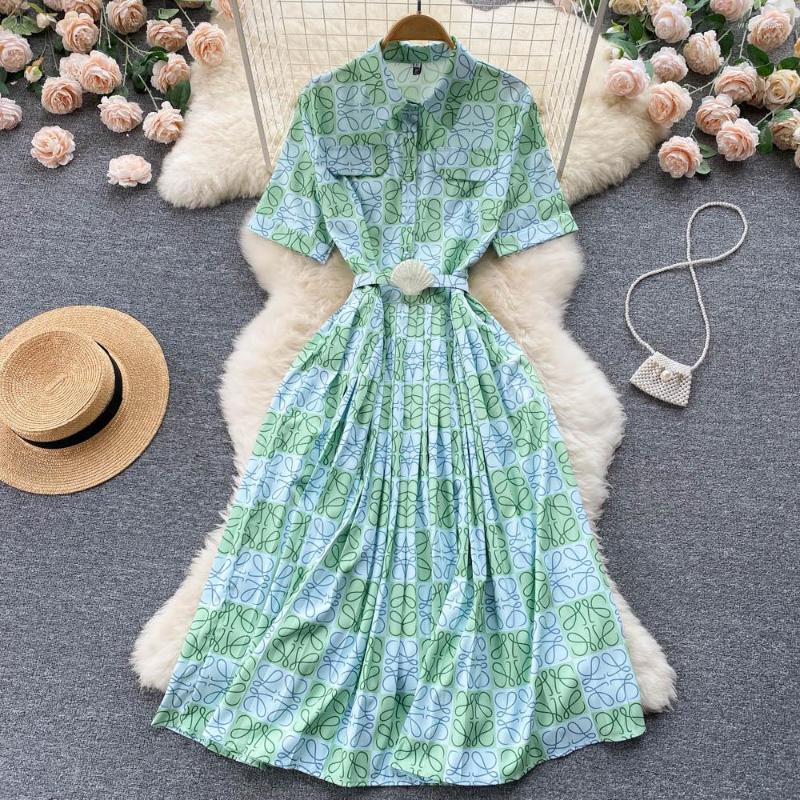 

Party Dresses 2022 Summer French Print Green Fresh Waist Lace Up Dress