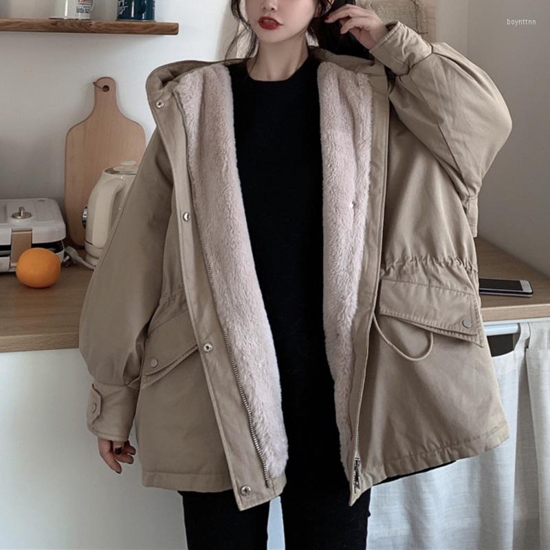 

Women's Down Tooling Hooded Plush Thickened Jacket Autumn And Winter 2022 Korean Loose Design Sense Of Cotton, Black