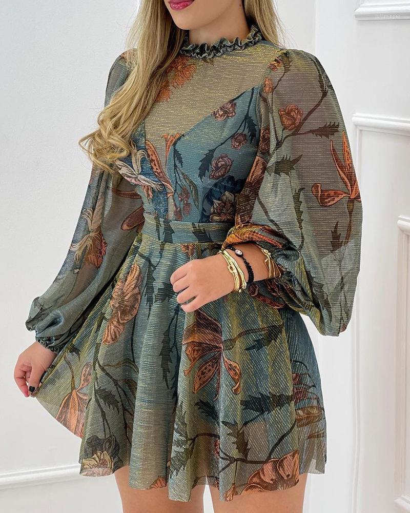 

Casual Dresses Dress Women Chic Round Frill Hem Neck Mesh Puff Sleeve Mini Party, Green
